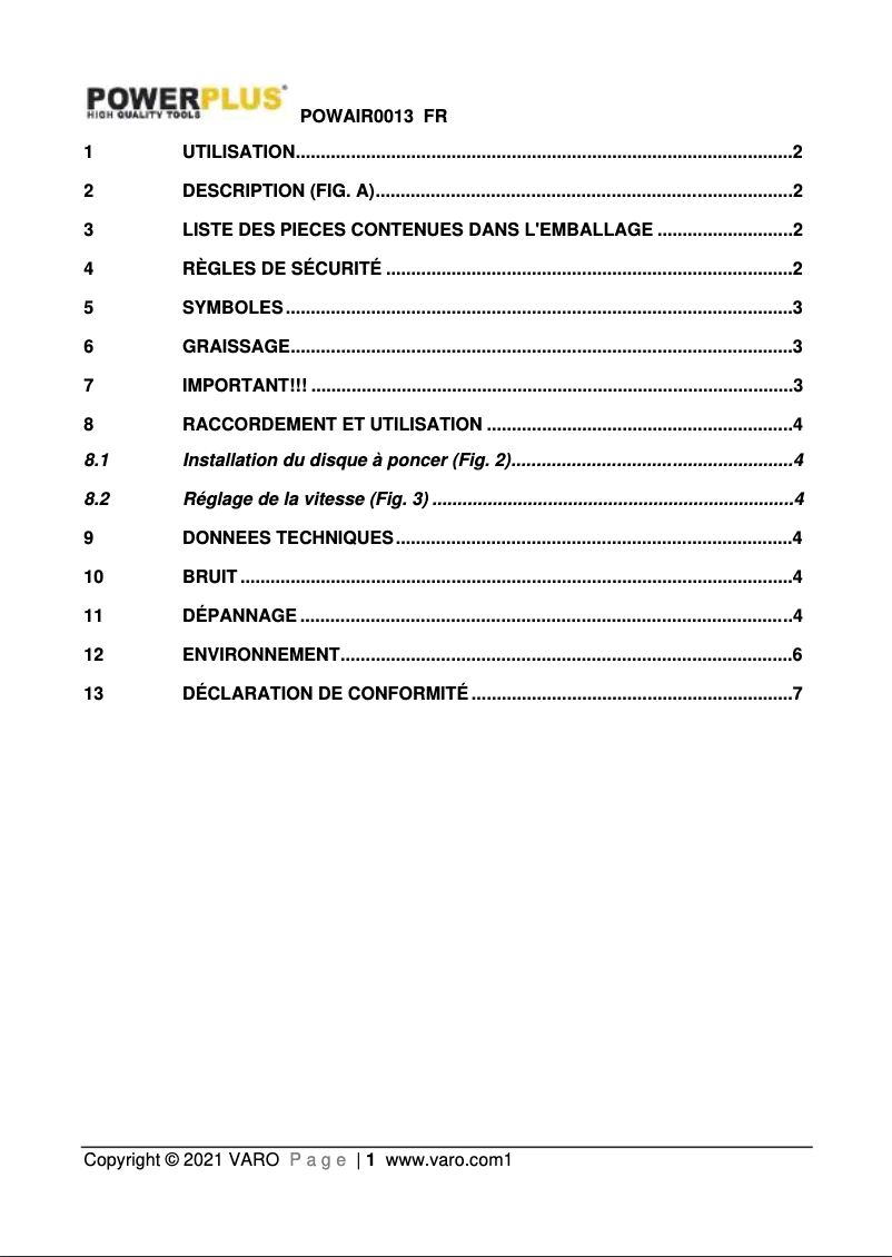 Page 1 de la notice Manuel utilisateur PowerPlus POWAIR0013