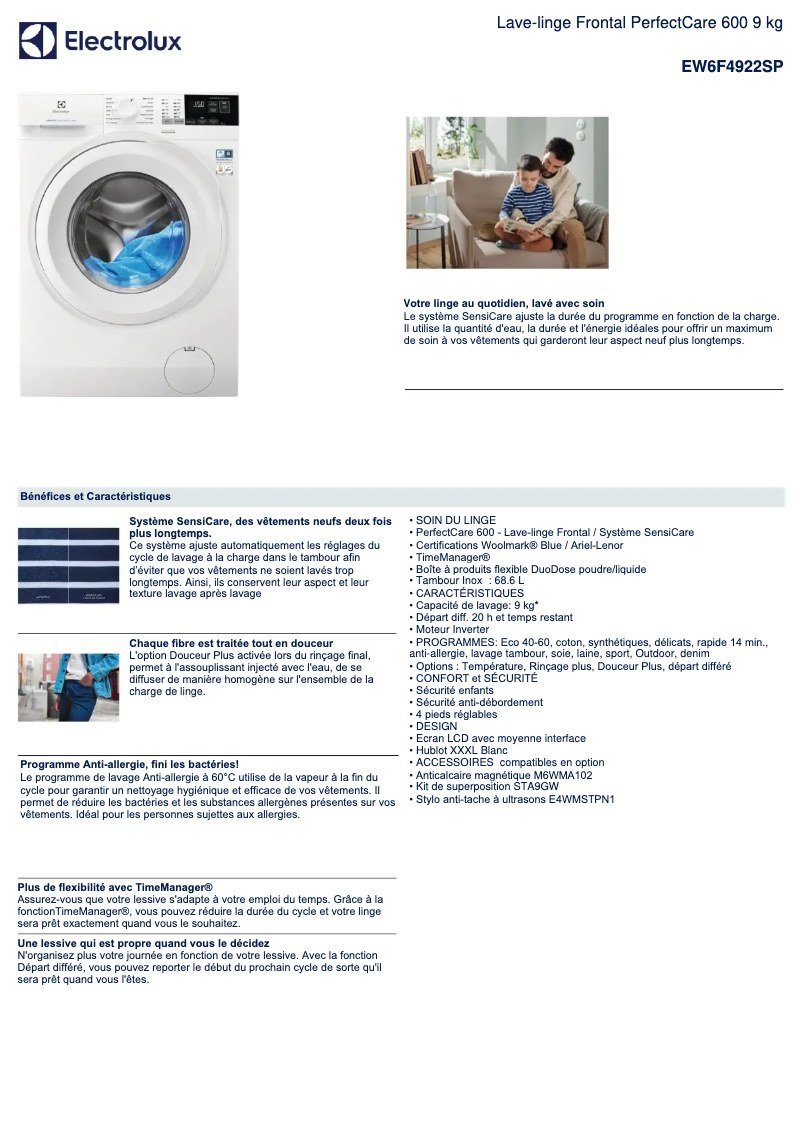 Page 1 de la notice Fiche technique Electrolux EW6F4922SP
