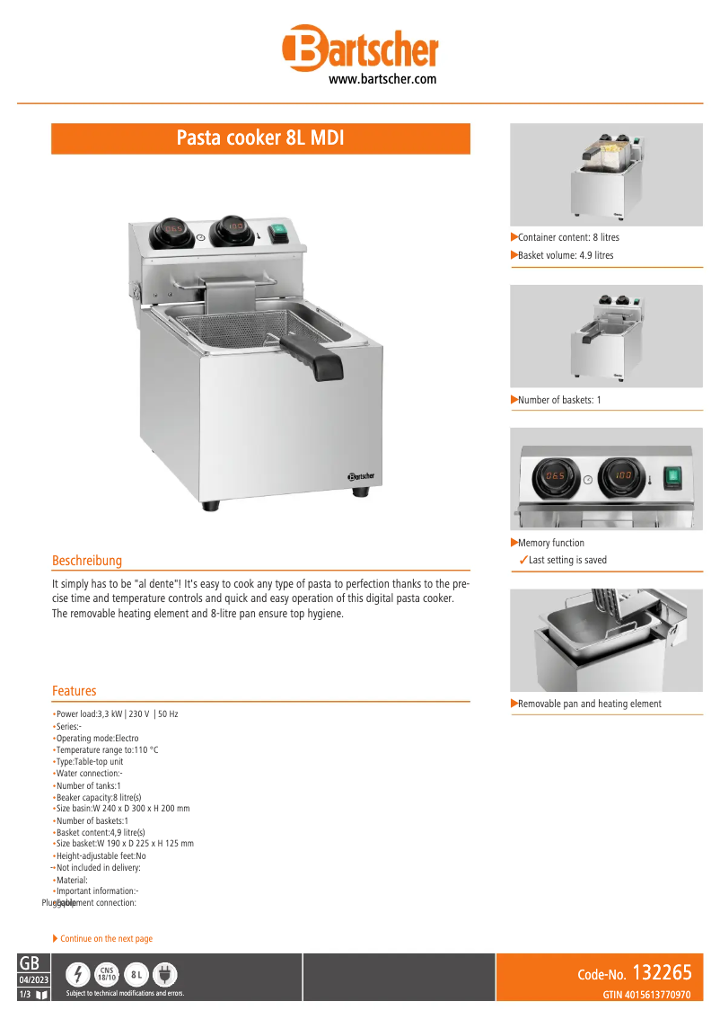 Page 1 de la notice Fiche technique Bartscher 132265