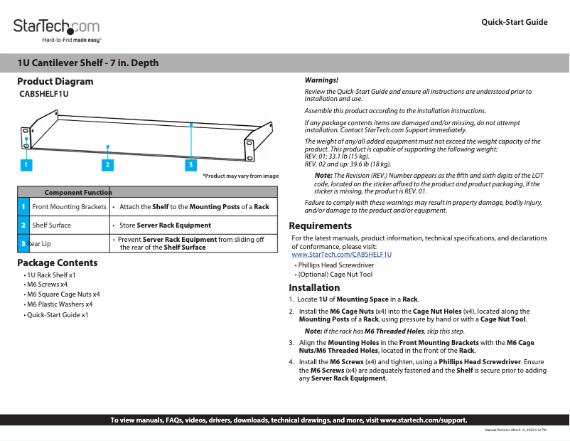 Page 1 de la notice Manuel utilisateur StarTech.com CABSHELF1U