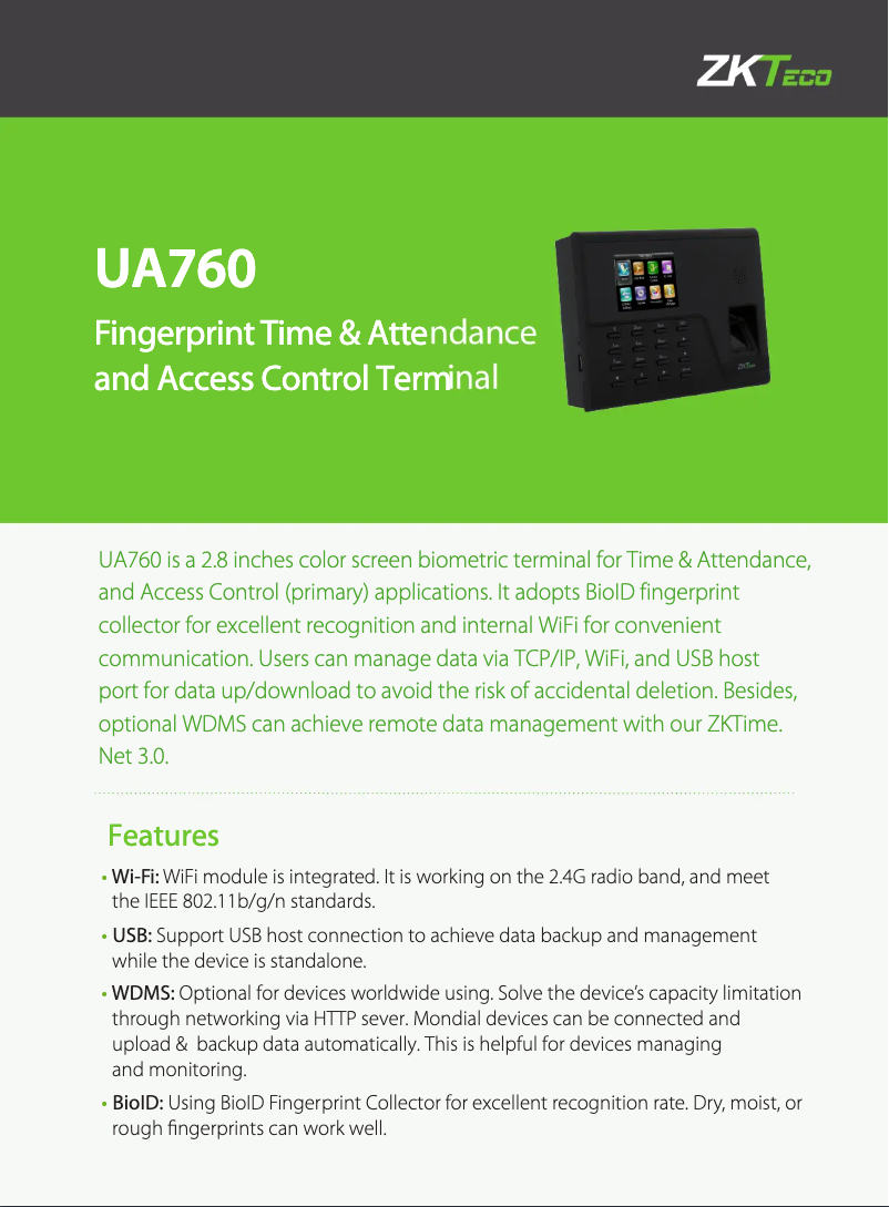 Page n°1 - Fiche technique ZKTeco UA760