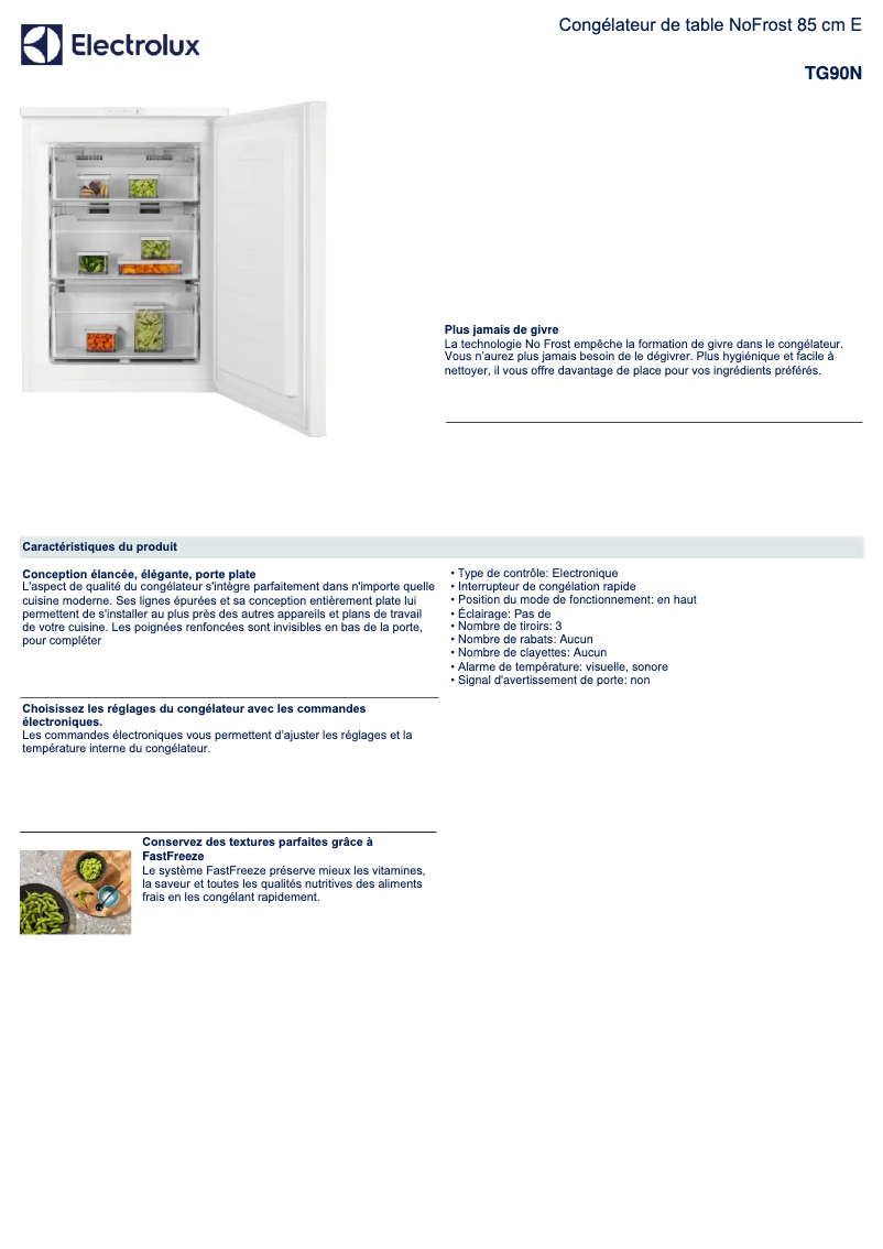 Page 1 de la notice Fiche technique Electrolux TG90N