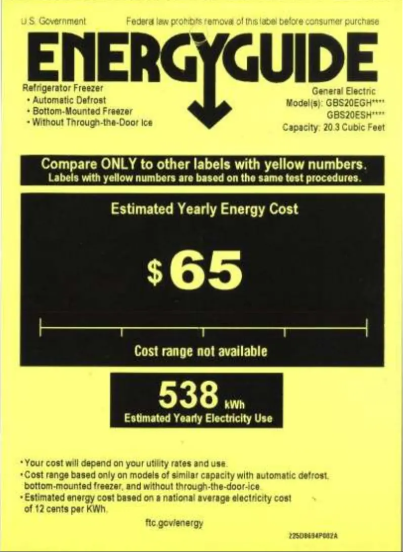 Page n°1 - Label énergétique GE GBS20EGHWW