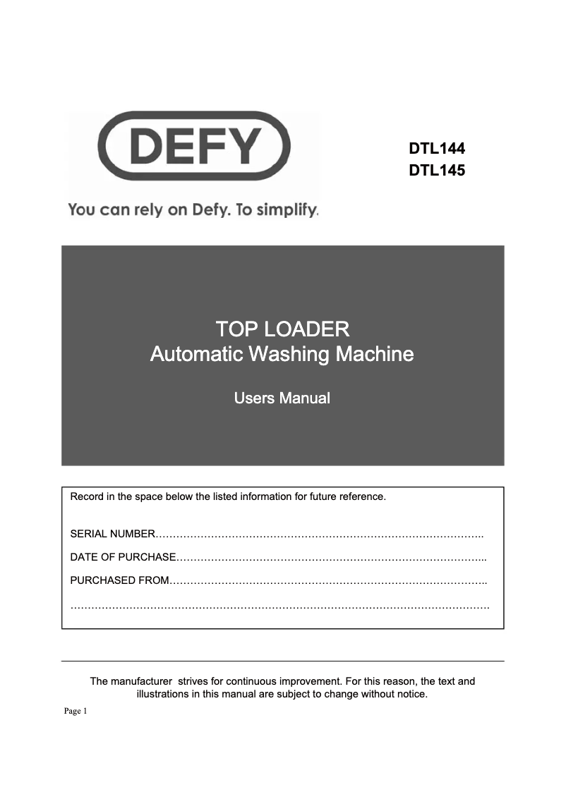 Page 1 de la notice Manuel utilisateur Defy DTL 145
