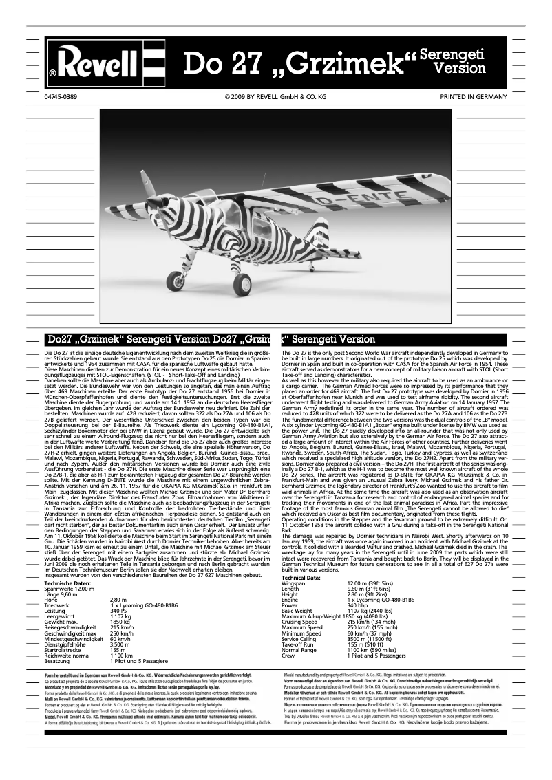 Page 1 de la notice Manuel utilisateur Revell Do 27 "Grzimek" Serengeti Version