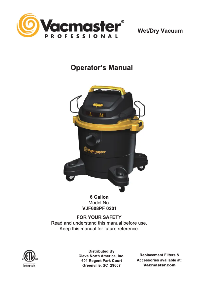 Page n°1 - Manuel utilisateur Vacmaster Professional VJF608PF 0201