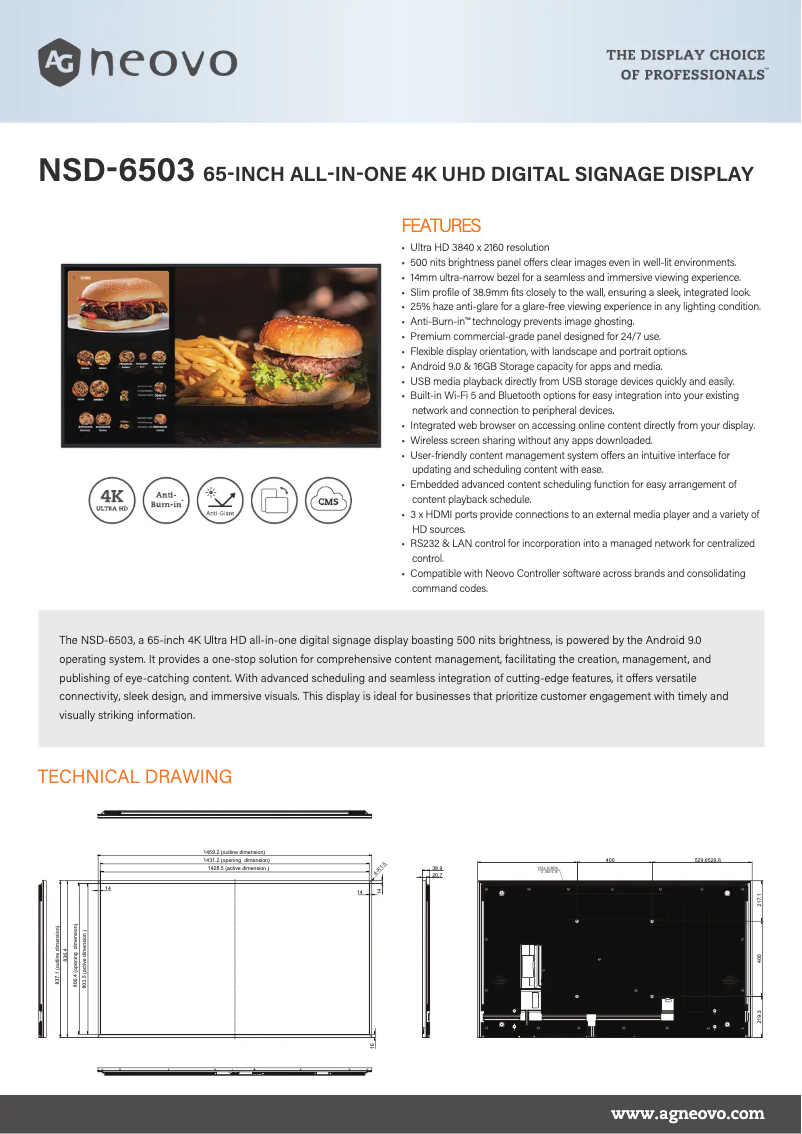 Página 1 del manual Ficha técnica AG Neovo NSD-6503