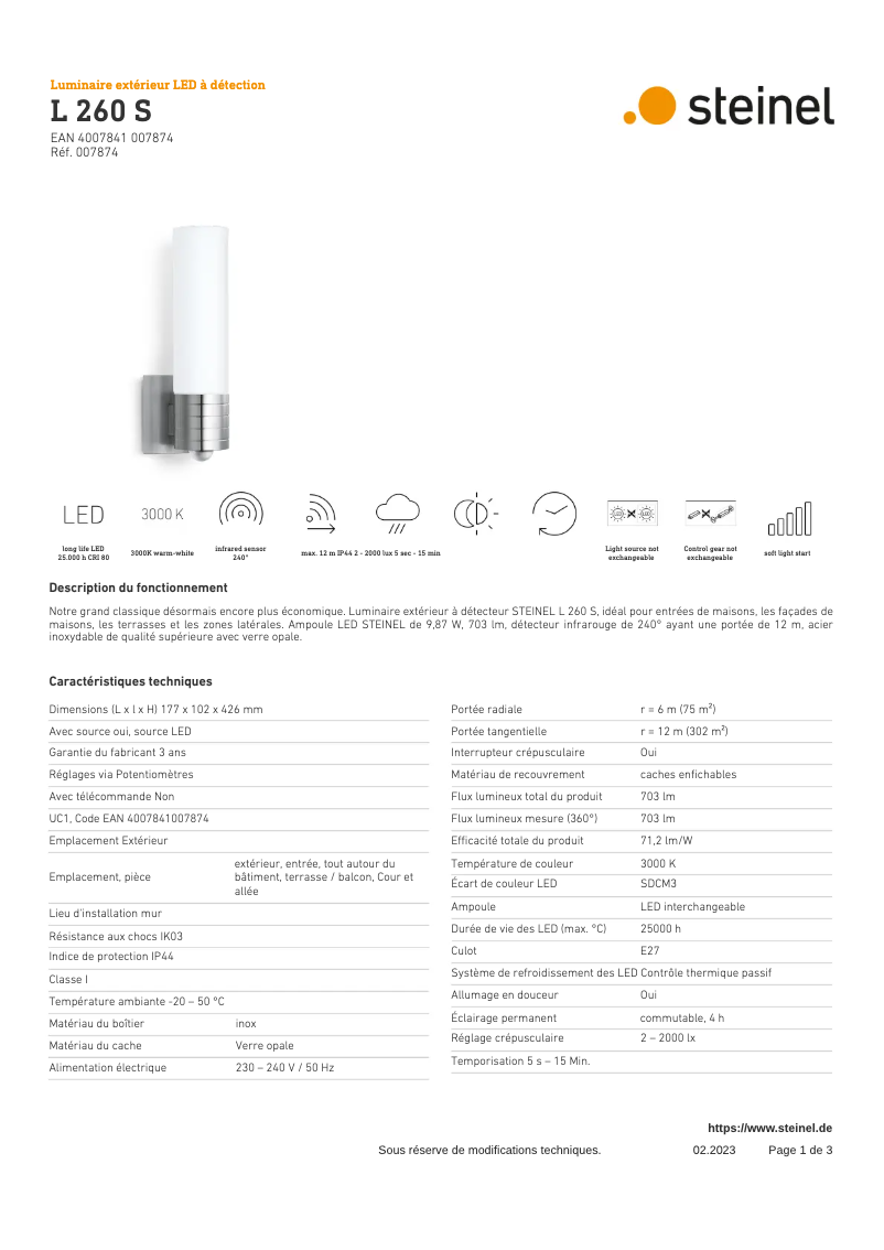 Page n°1 - Fiche technique Steinel L 260 S