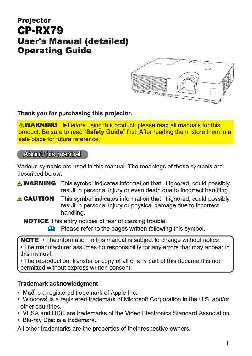 Page 1 de la notice Manuel utilisateur Hitachi CP-RX79EP