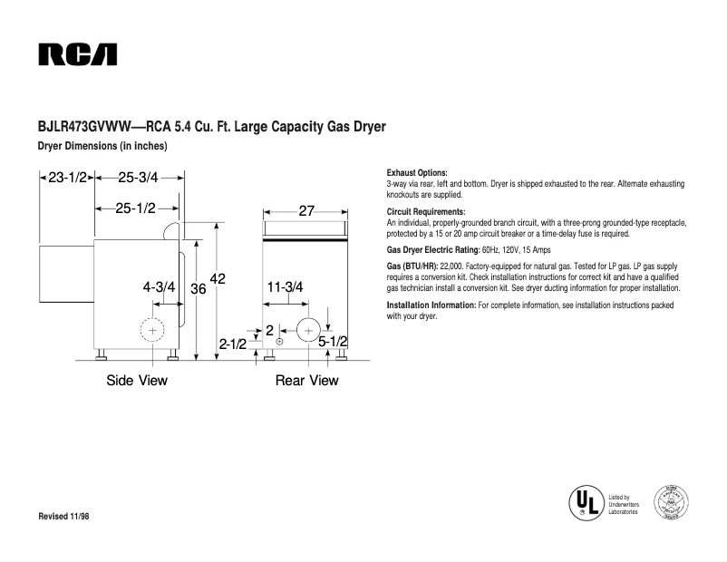 Página 1 del manual Ficha técnica GE BJLR473GVWW