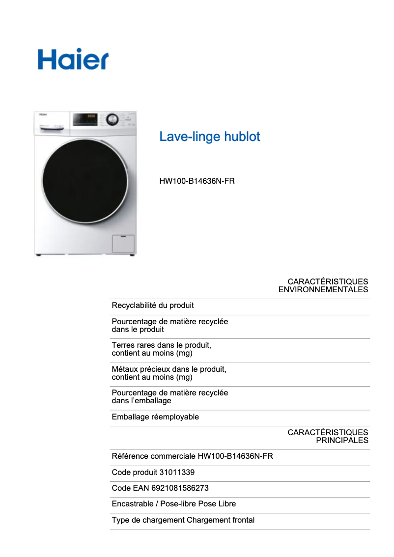 Page 1 de la notice Label énergétique Haier HW100-B14636N