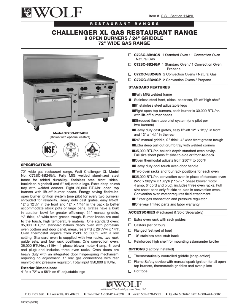 Page 1 de la notice Fiche technique Wolf C72CC-8B24G
