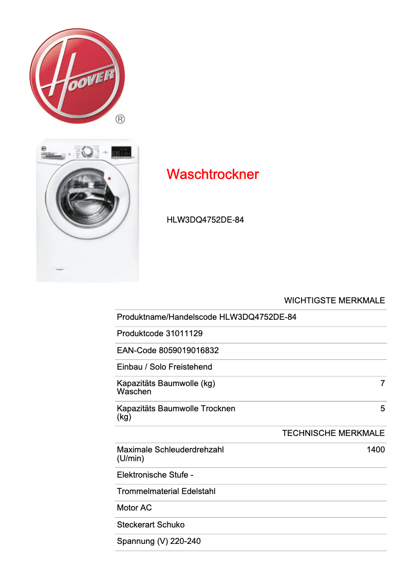 Page n°1 - Fiche technique Hoover H-WASH 300 LITE HLW3DQ4752DE-84