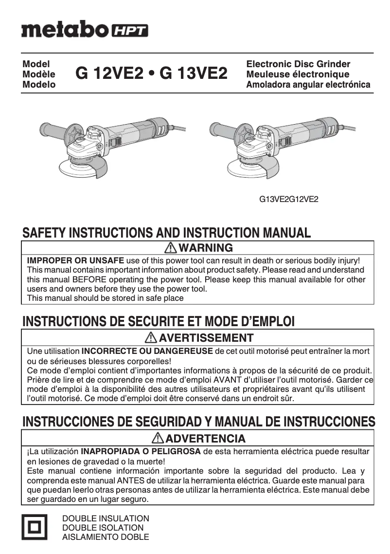 Page 1 de la notice Manuel utilisateur Metabo G12VE2