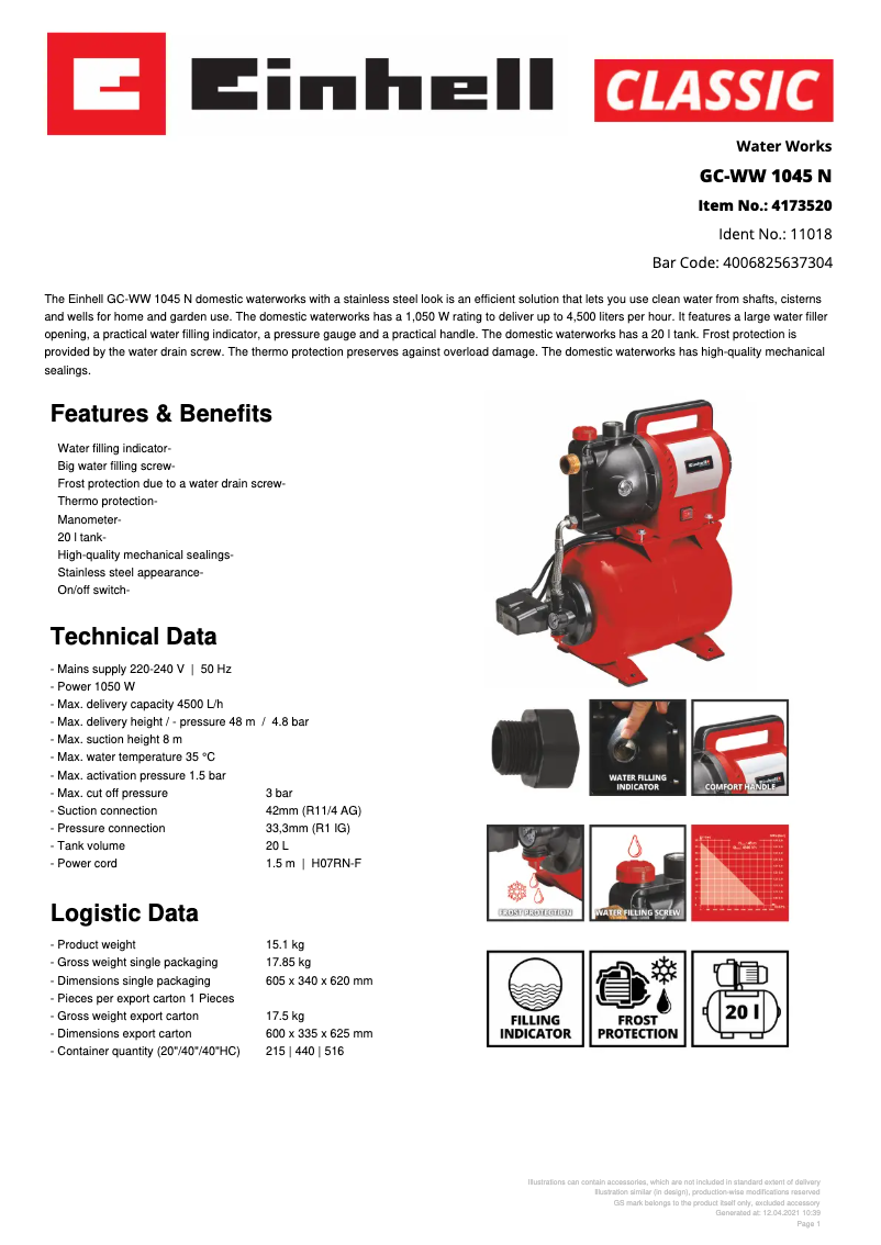 Page n°1 - Fiche technique Einhell GC-WW 1045 N