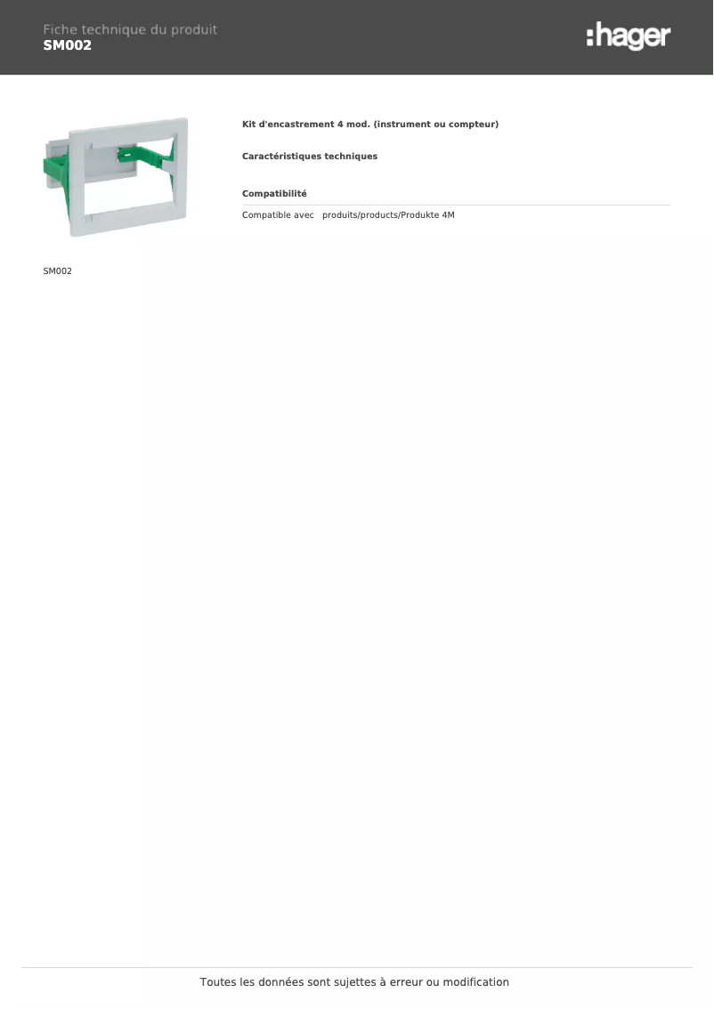 Page 1 de la notice Fiche technique Hager SM002