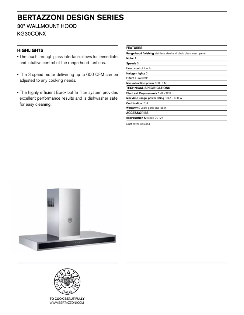 Page 1 de la notice Manuel utilisateur Bertazzoni KG30CONX