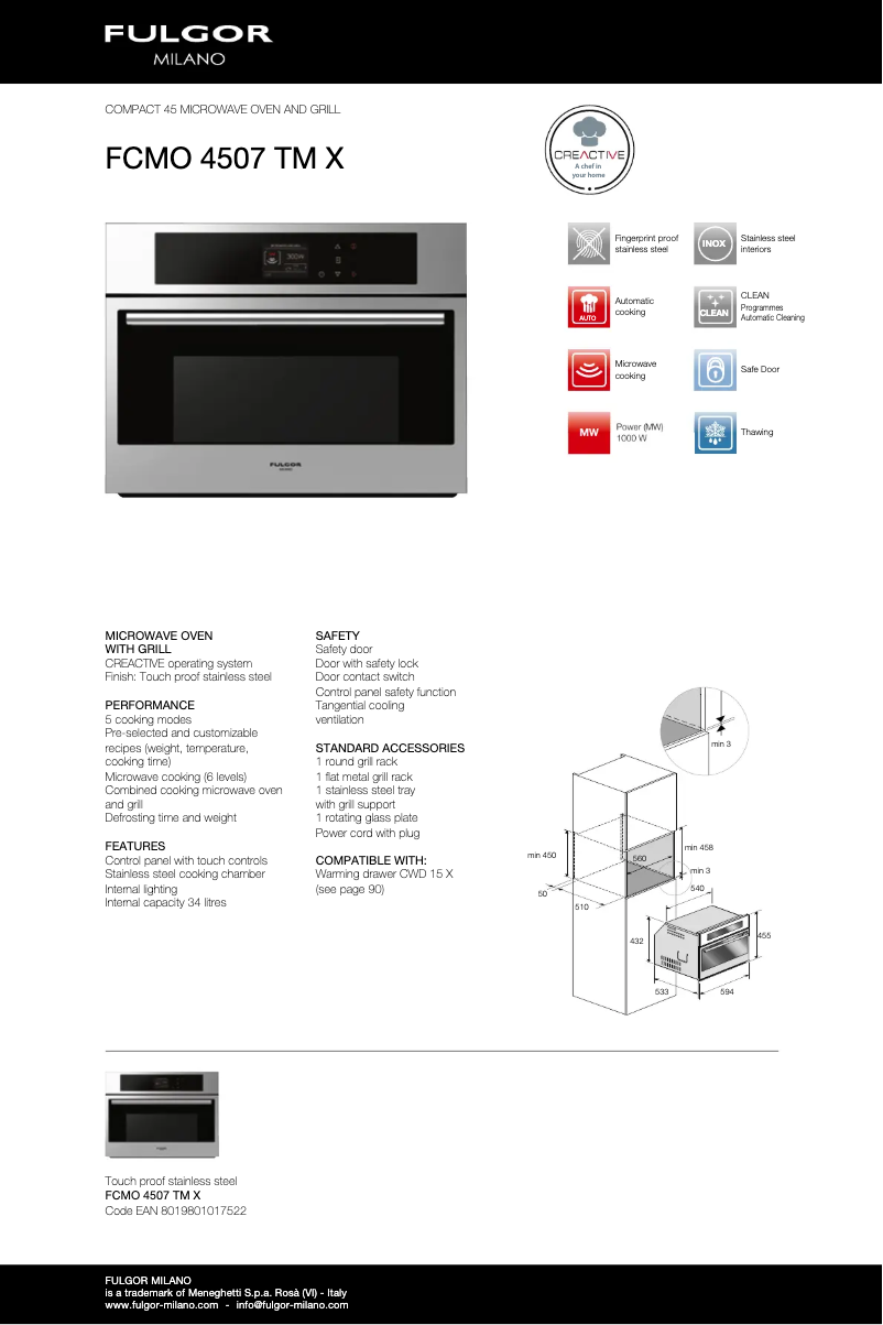 Página 1 del manual Ficha técnica Fulgor Milano FCMO 4507 TM X