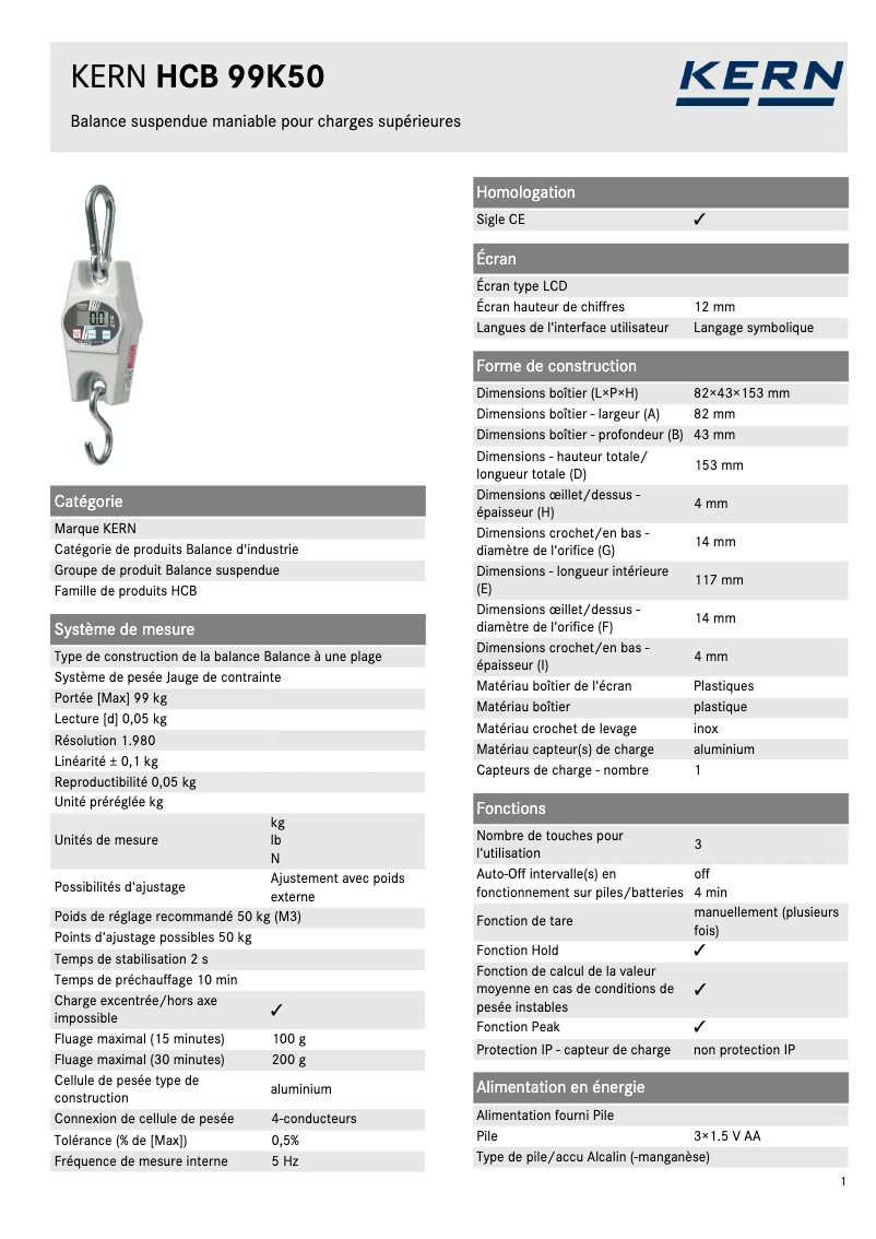 Page n°1 - Fiche technique Kern HCB 99K50