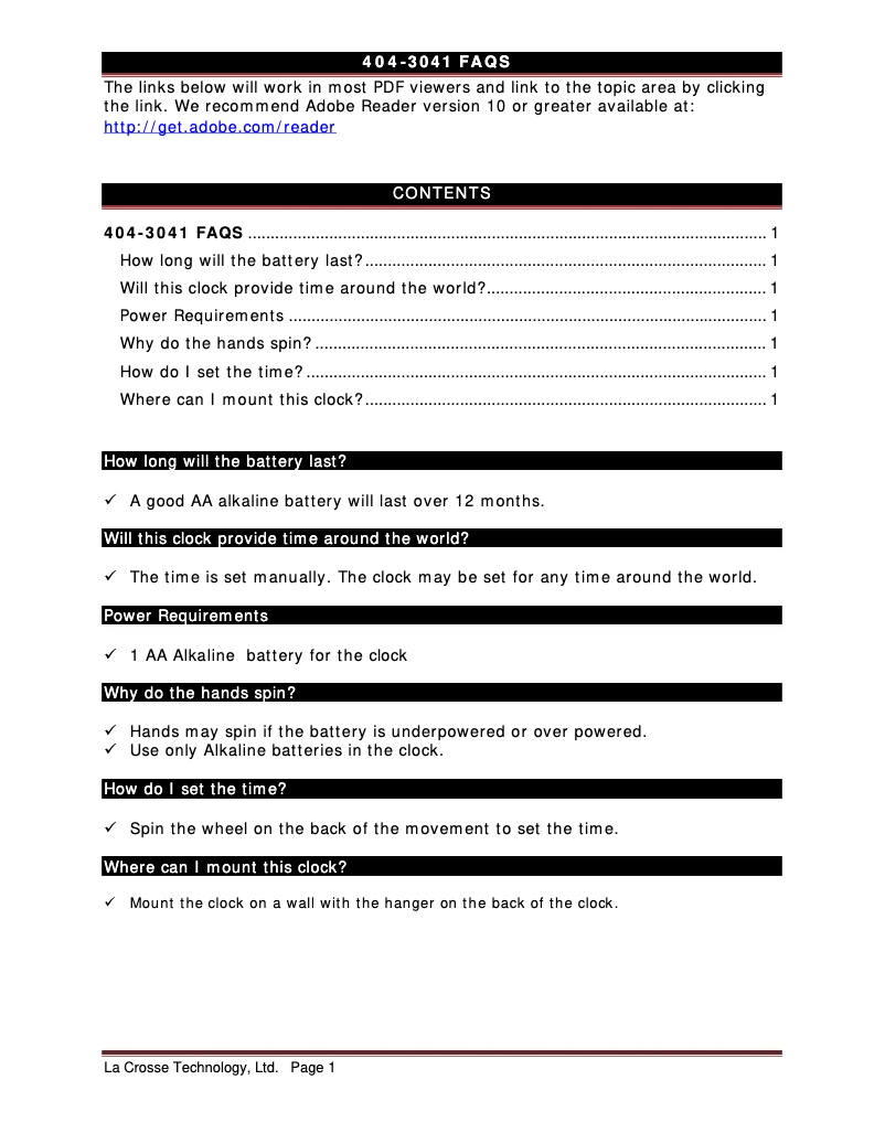 Page 1 de la notice FAQ La Crosse Technology 404-3041