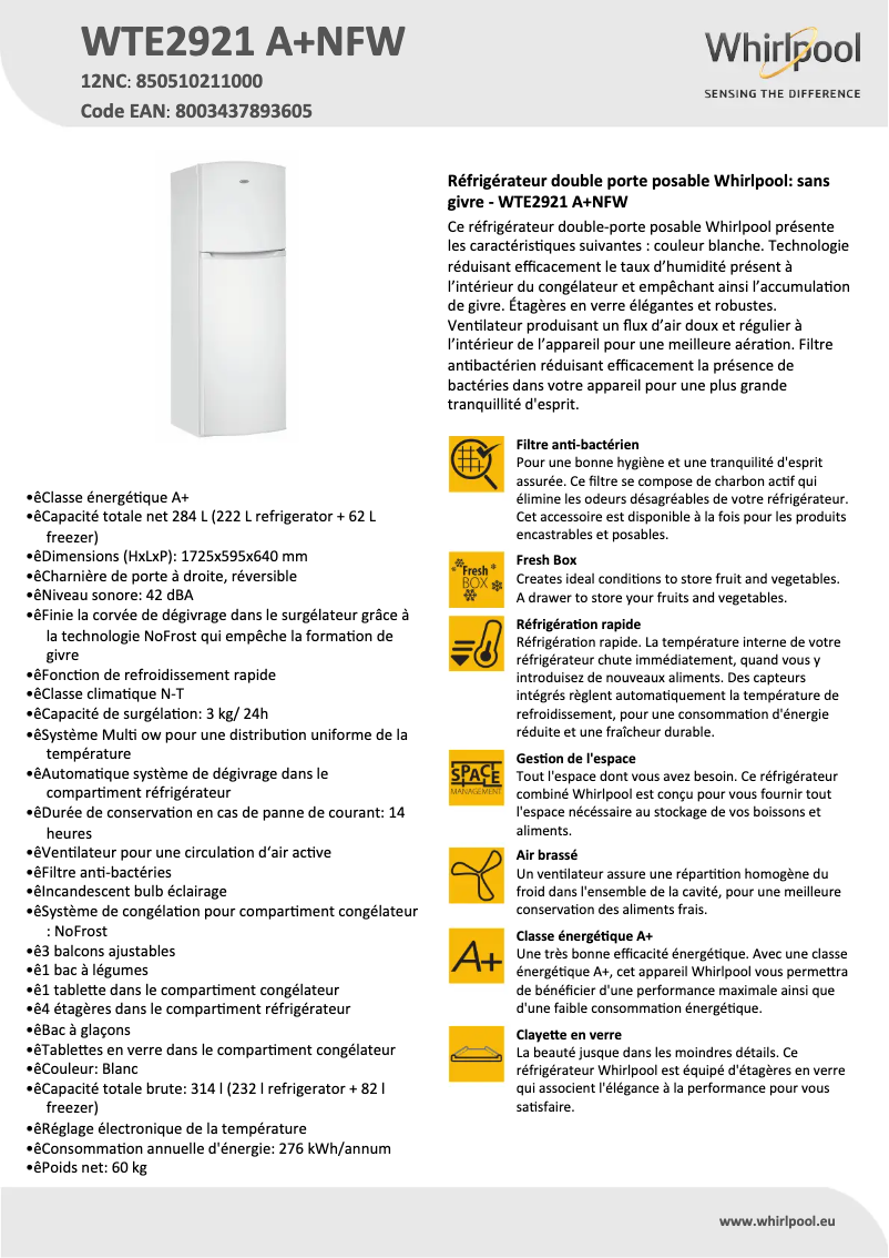Page n°1 - Fiche technique Whirlpool WTE2921 A+NFW