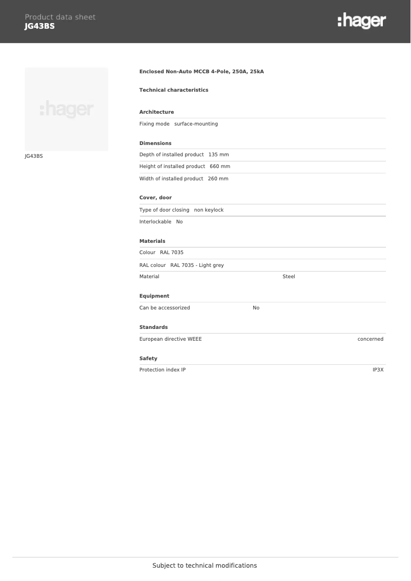 Page 1 de la notice Fiche technique Hager JG43BS