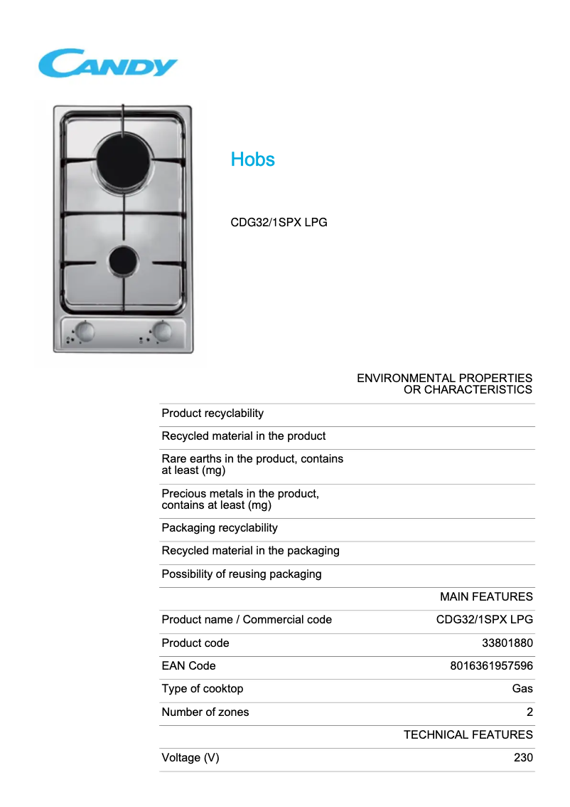 Page 1 de la notice Manuel utilisateur Candy CDG32/1SPX LPG