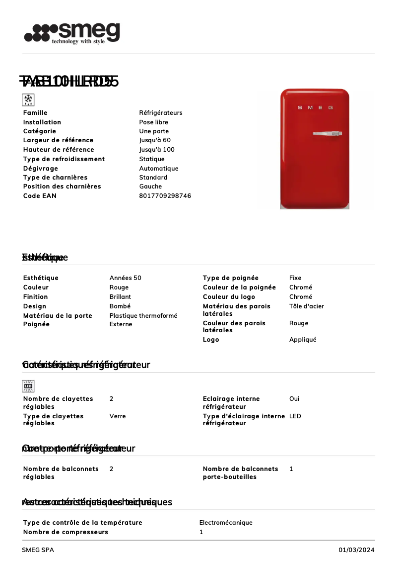 Page 1 de la notice Fiche technique Smeg FAB10HLRD5