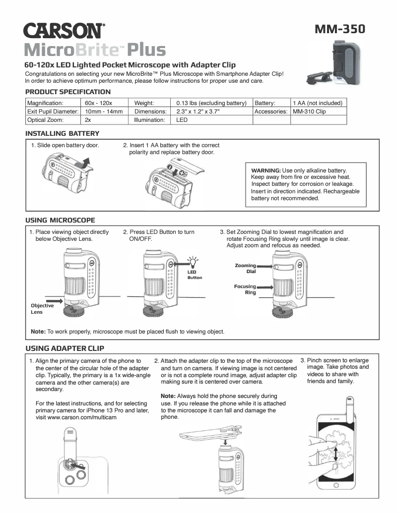 Page 1 de la notice Manuel utilisateur Carson MM-350