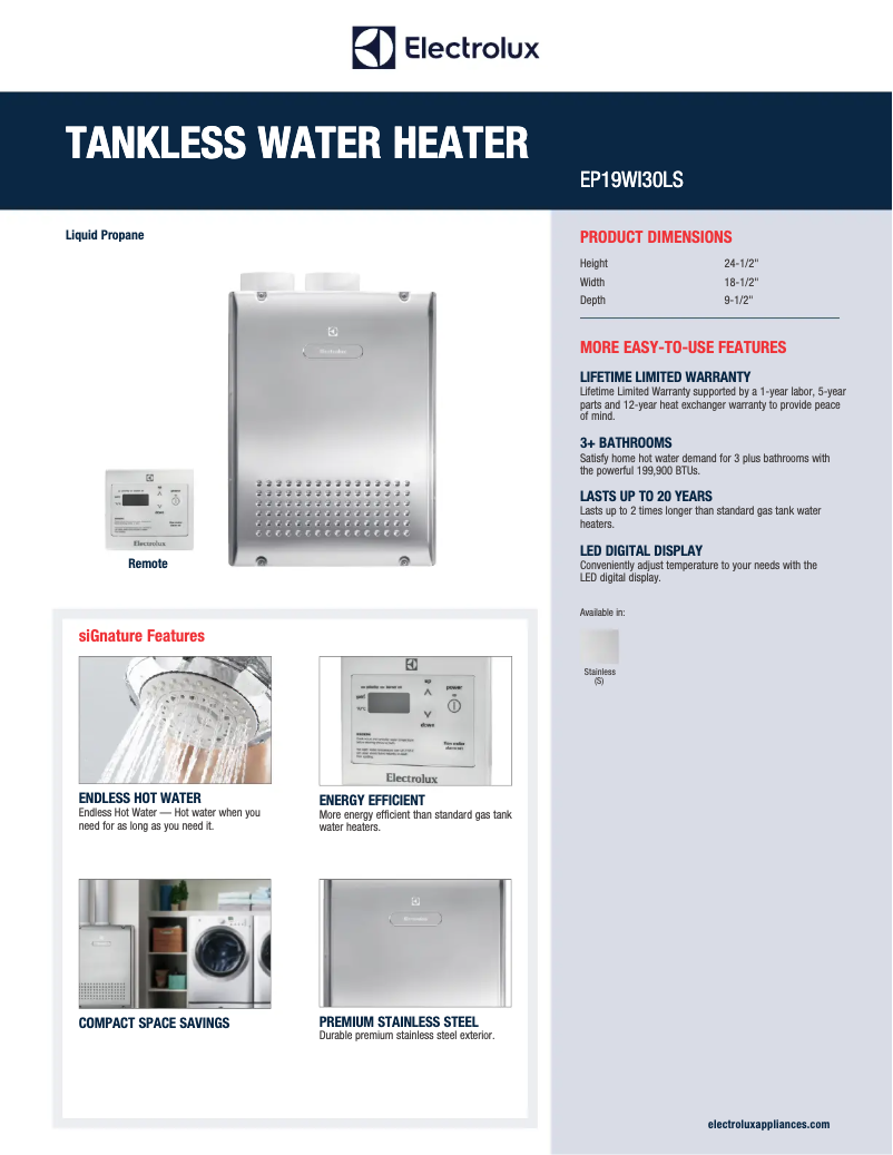 Page 1 de la notice Fiche technique Electrolux EP19WI30ls