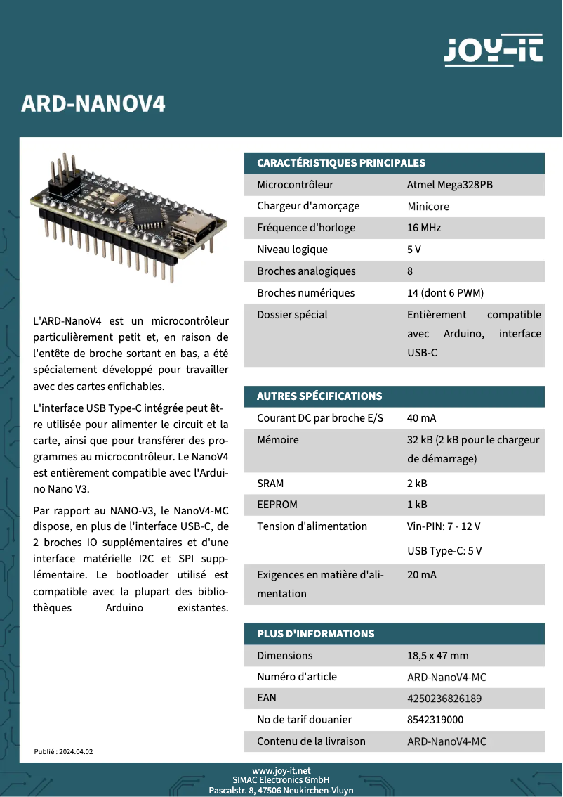 Page 1 de la notice Fiche technique Joy-It ARD-NanoV4-MC