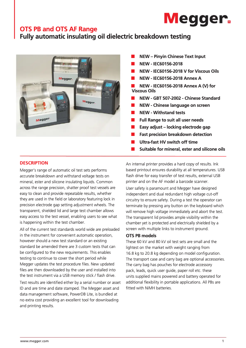 Page 1 de la notice Fiche technique Megger OTS80PB