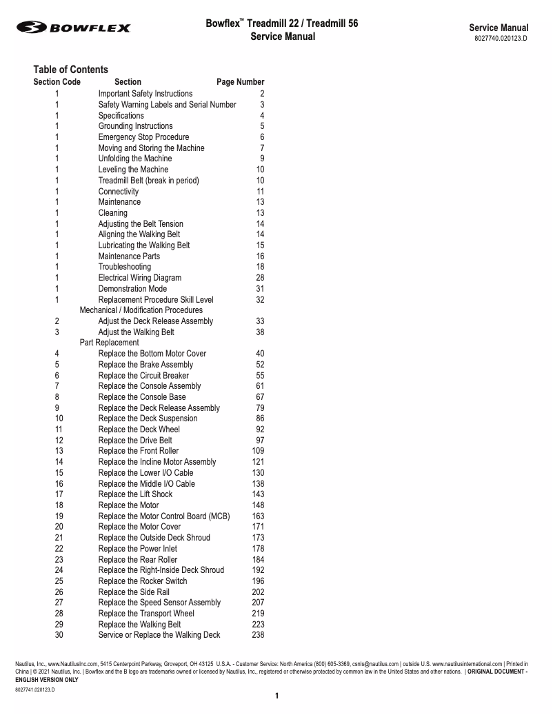 Page 1 de la notice Manuel utilisateur Bowflex Treadmill 56