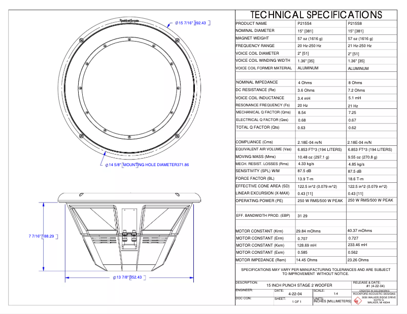 Page n°1 - Fiche technique Rockford Fosgate Punch P215S8