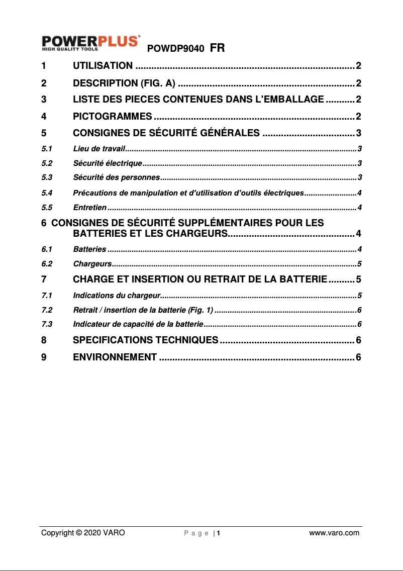 Page 1 de la notice Manuel utilisateur PowerPlus POWDP9040