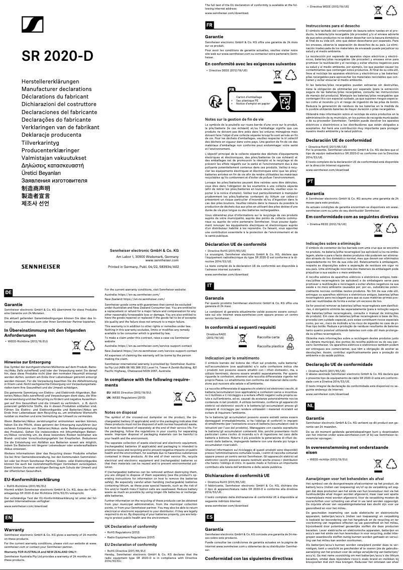Page 1 de la notice Instructions de sécurité Sennheiser SR 2020-D