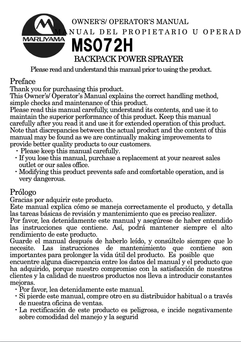 Page 1 de la notice Manuel utilisateur Maruyama MS072H