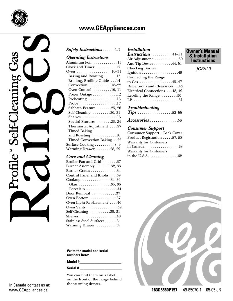 Page n°1 - Manuel d'utilisation et d'entretien GE Profile JGB920TEFWW