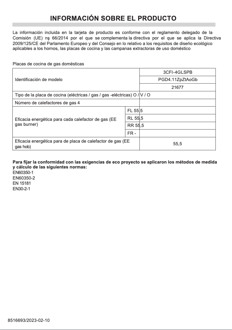 Page 1 de la notice Fiche technique Fagor 3CFI-4GLSPB