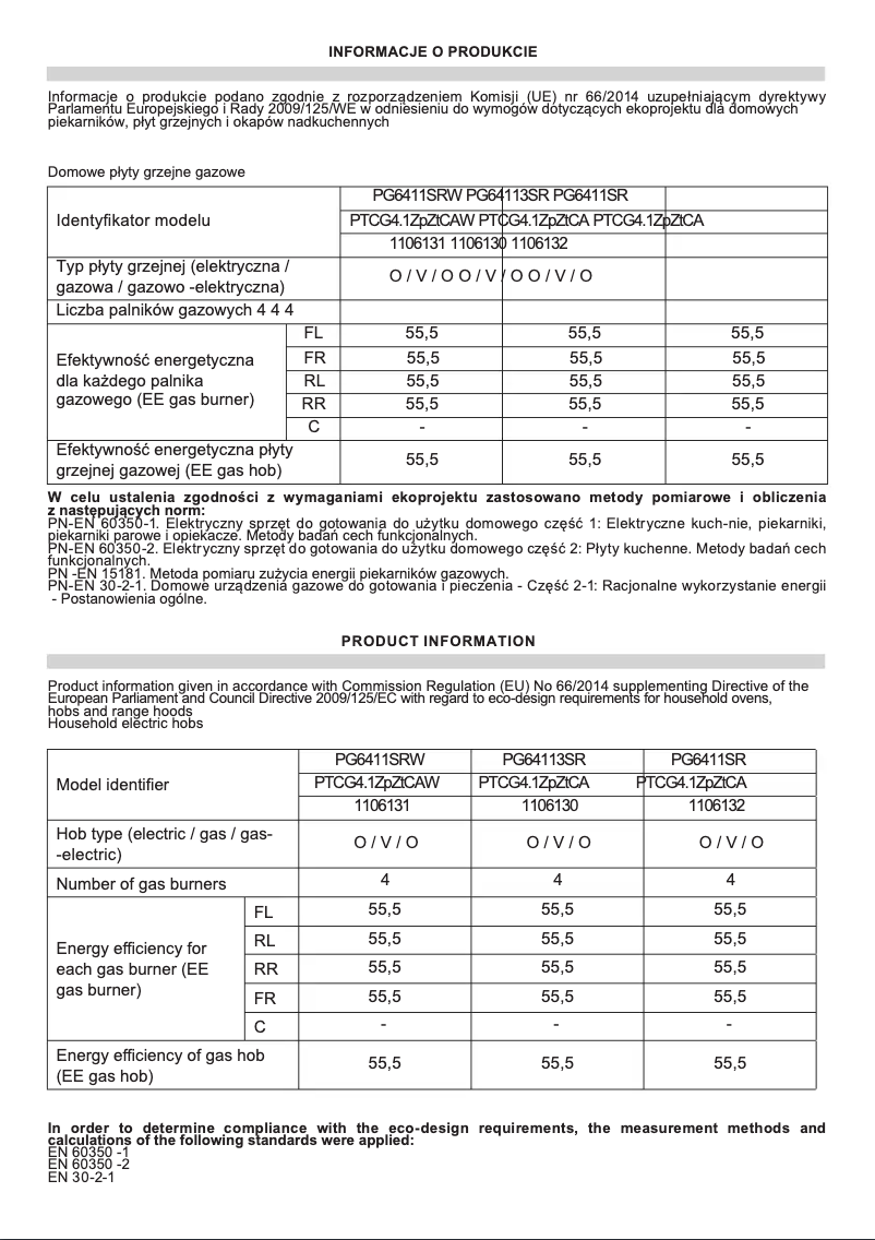 Page 1 de la notice Fiche technique Amica PG6411SR