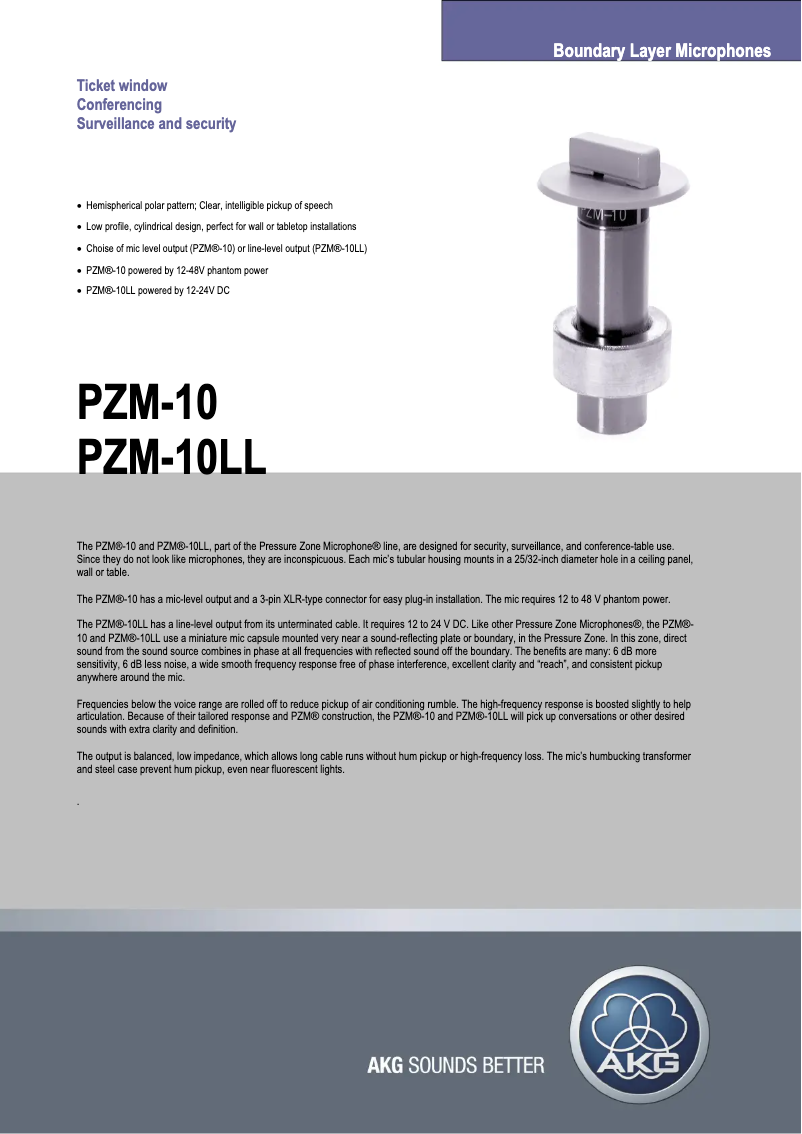 Page n°1 - Fiche technique AKG PZM-10