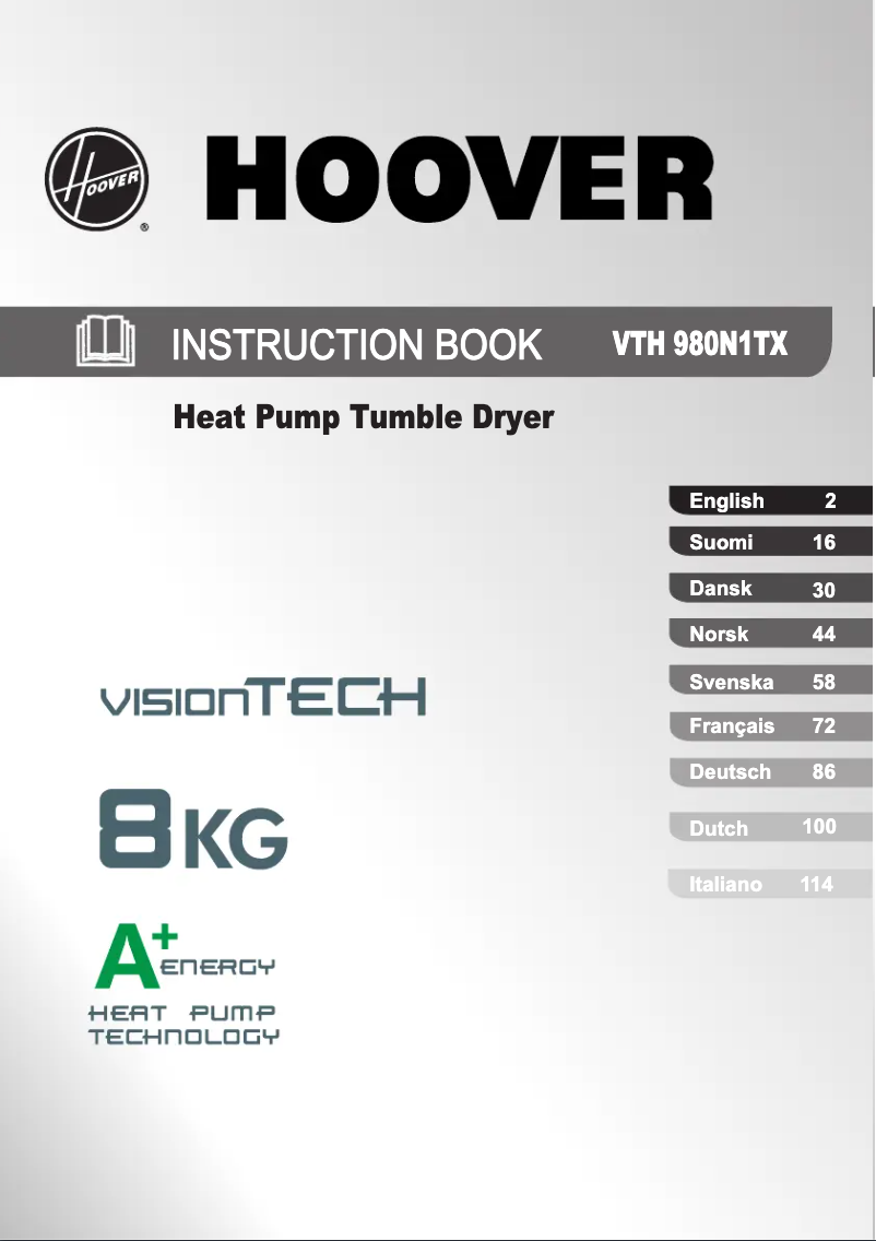 Page n°1 - Manuel utilisateur Hoover VTH 980NA1TX-S