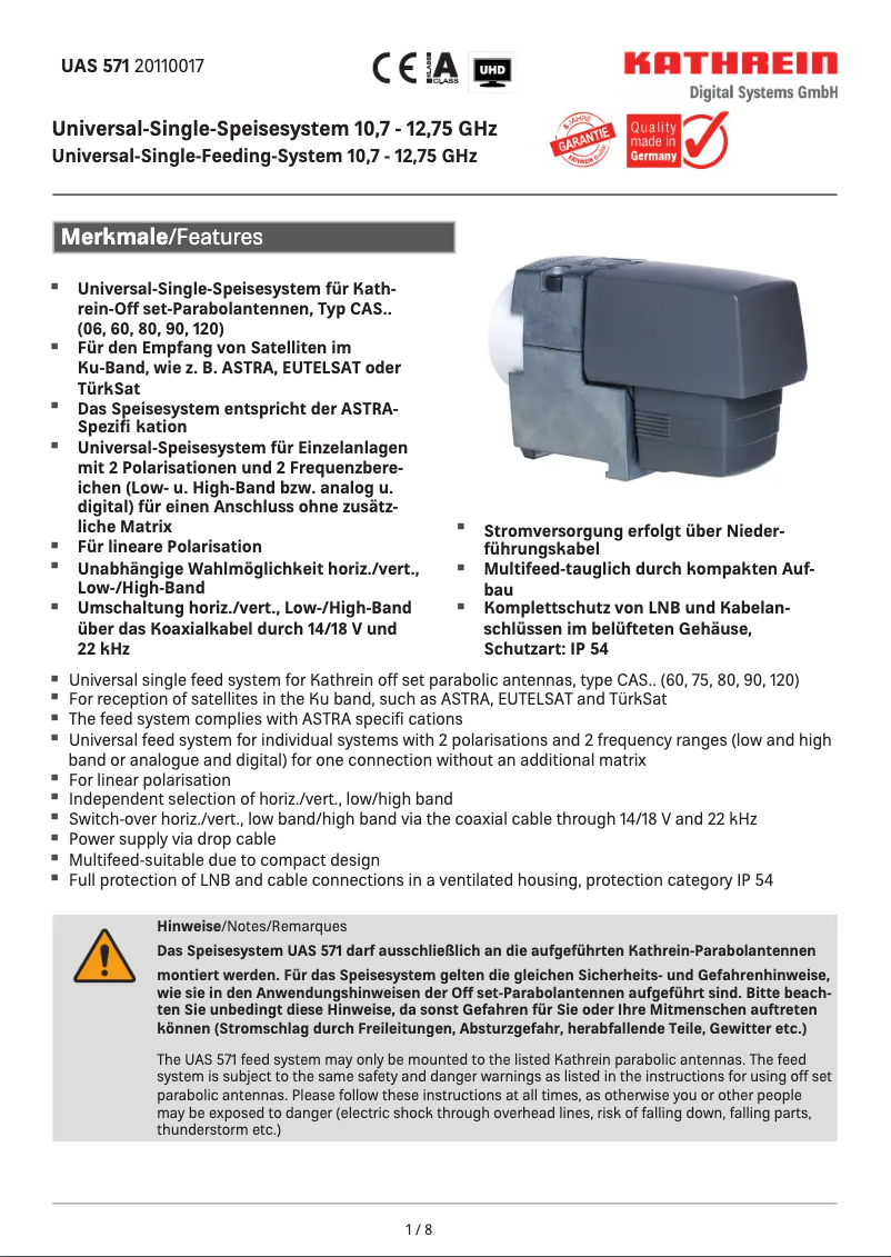 Page 1 of the manual Technical Sheet Kathrein UAS 571