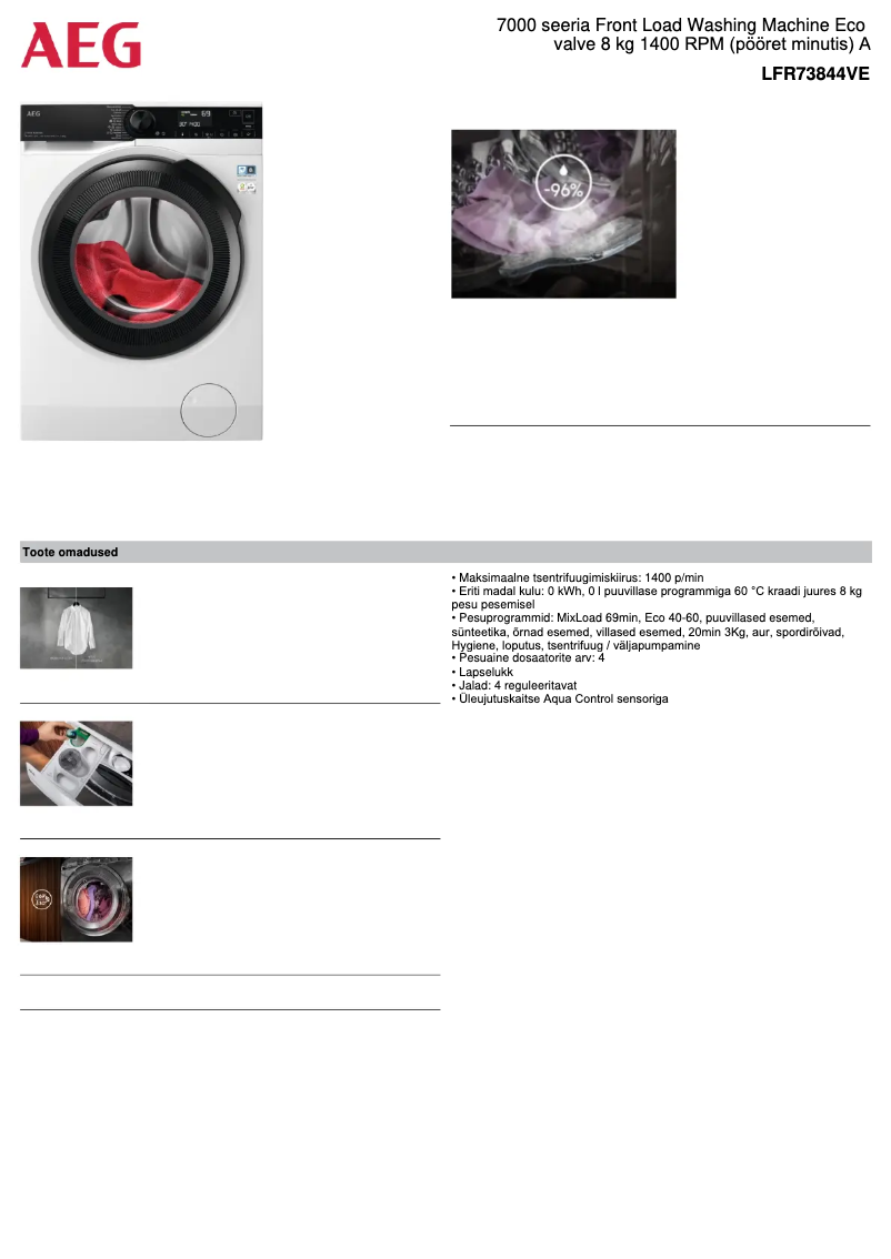 Page 1 de la notice Fiche technique AEG 7000 Series LFR73844VE