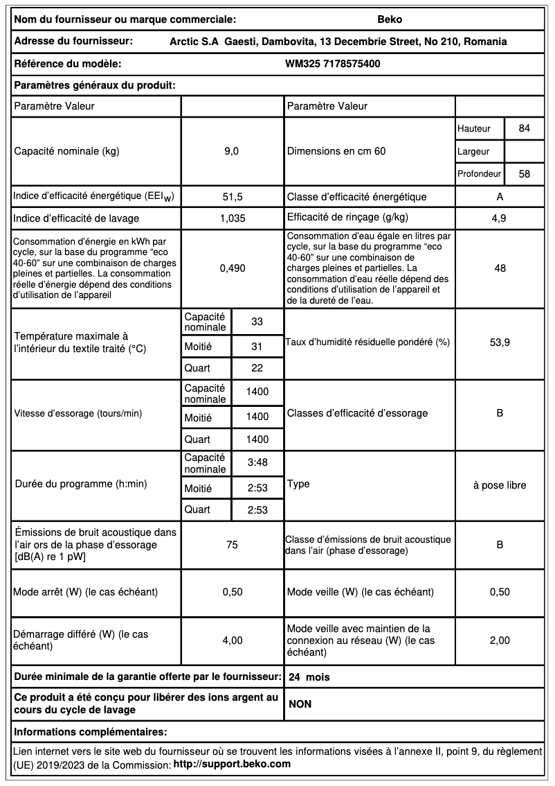 Page 1 de la notice Fiche technique Beko WM325