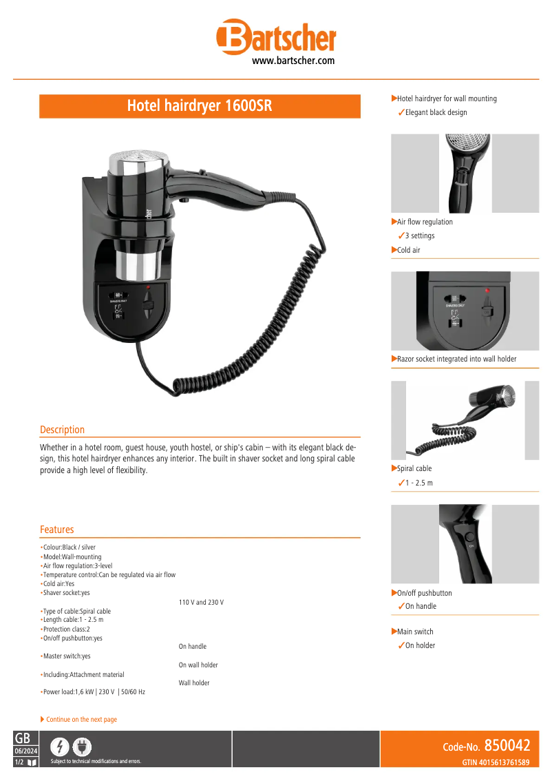 Page 1 de la notice Fiche technique Bartscher 1600SR