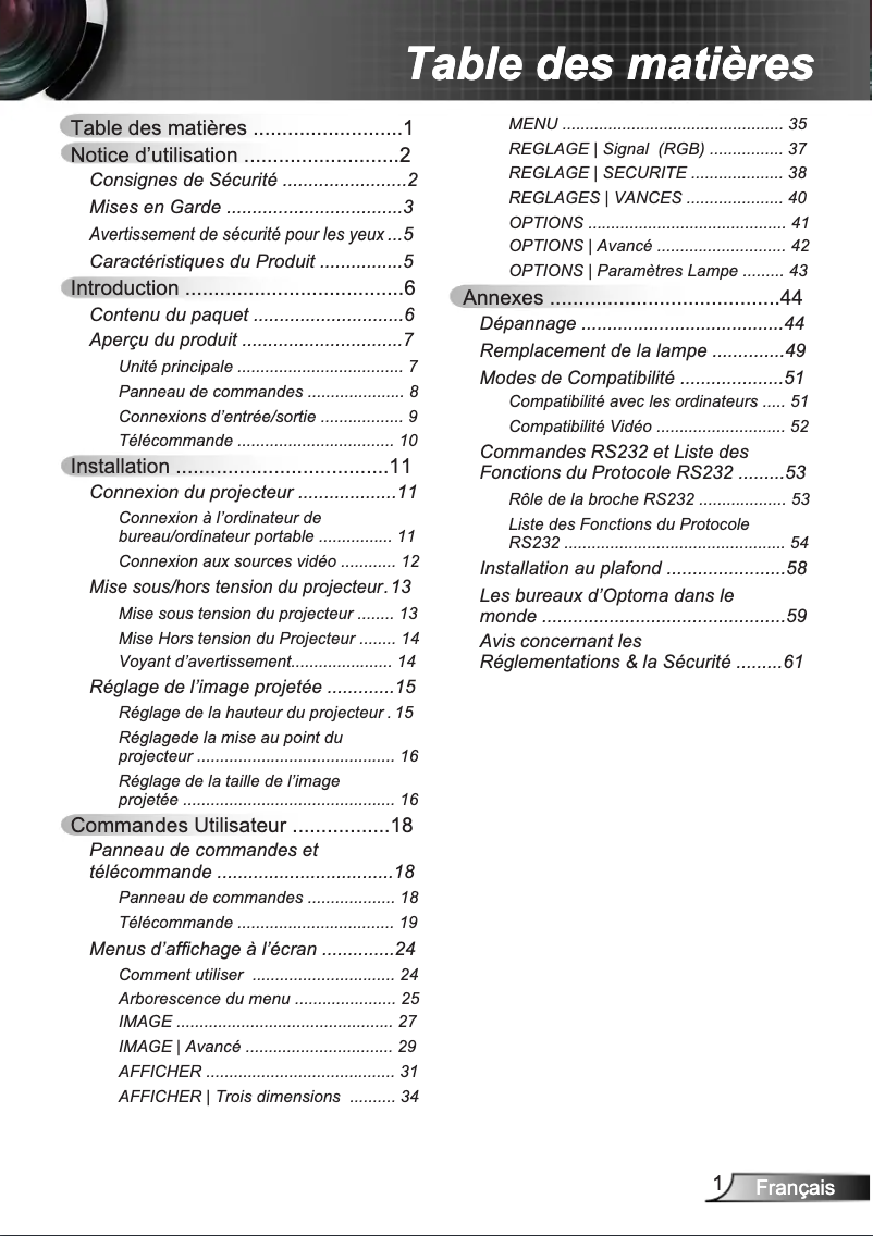 Page 1 de la notice Manuel utilisateur Optoma EX605ST