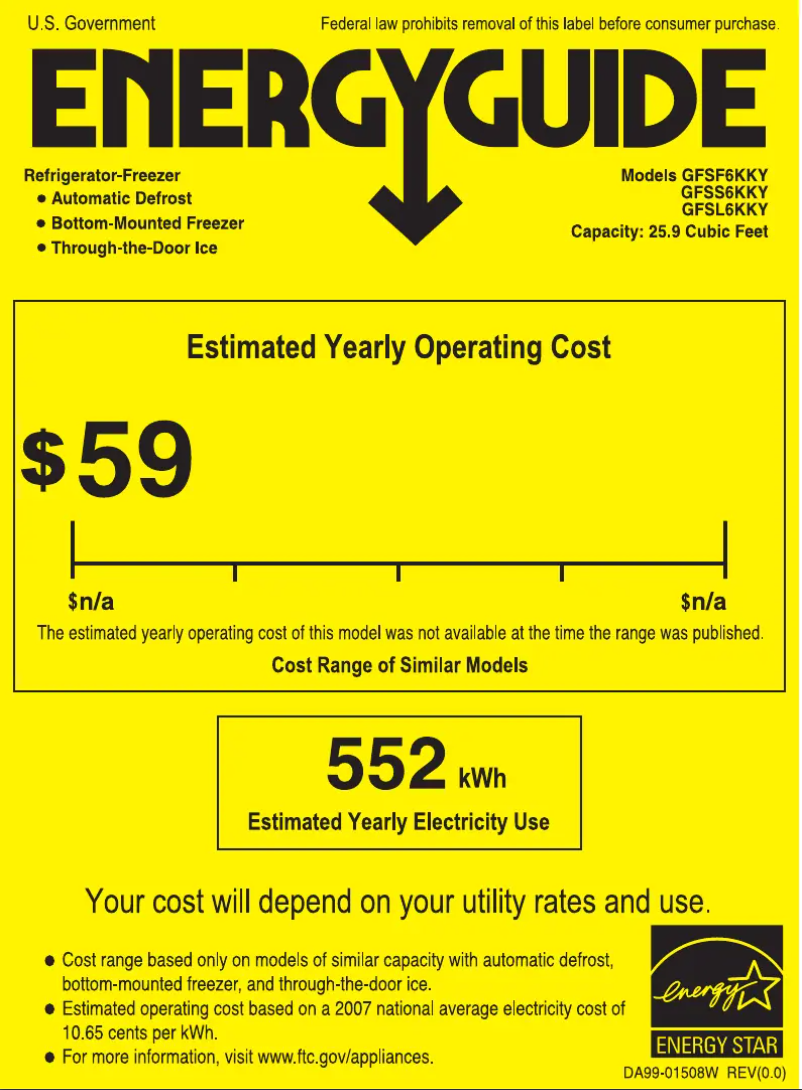 Page 1 de la notice Label énergétique GE GFSF6KKYWW