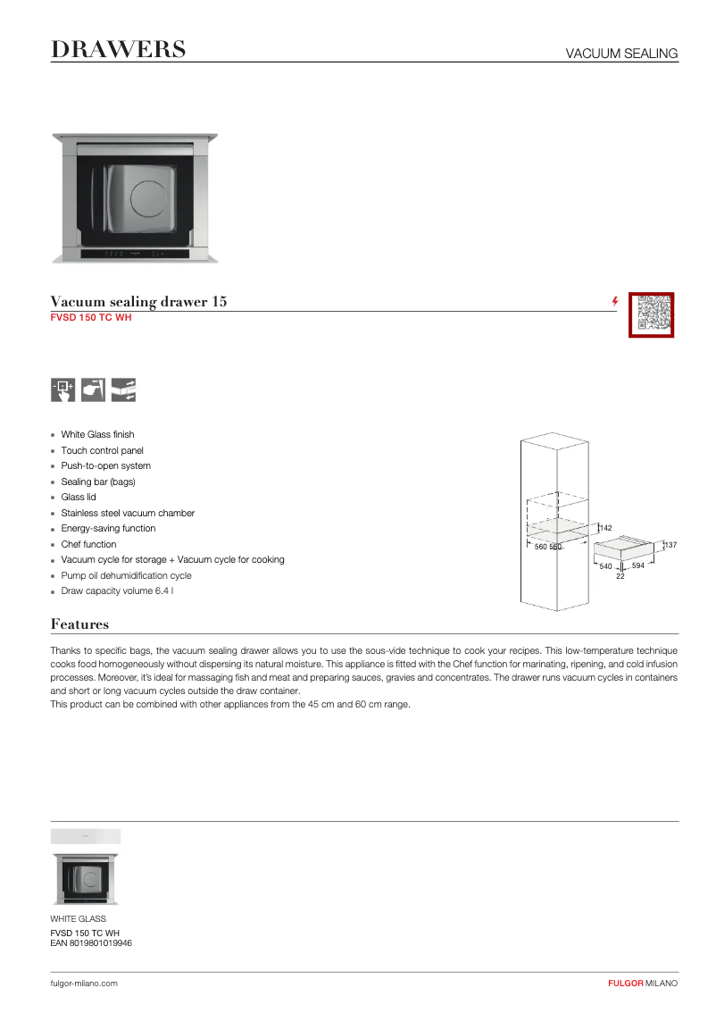 Page 1 de la notice Fiche technique Fulgor Milano FVSD 150 TC WH