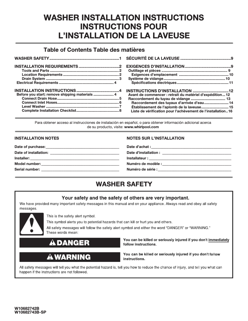 Página 1 del manual Guía de instalación Whirlpool WTW8700E
